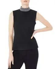 Misook Embroidered Mock Neck Tank