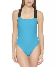 DKNY Women's Logo Cross-Back One-Piece Swimsuit, (aqua), Size Large, $108