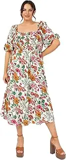 [Lovedrobe] Women's Midi Dress Ladies Short Puff Sleeves Square Neckline Floral Ruffle Frill Shirred A-line Milkmaid Summer Smock
