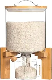 [YUZUHOME] 5L Glass Rice Dispenser, Cereal Container with Wooden Stand, Airtight Food Storage Bin, Rice Organization Tank with Measuring Cup for Grain Coffee Beans Dry Food