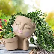 WEWEOW Face Planter Pot - Double Flower Pots in One for Indoor Outdoor Plants Resin Head Planter with Drainage Hole Cute Lady Face Plant Pots
