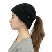 Nevenka Womens Beanie Hat with Ponytail Hole Warm Knit Cap-Black