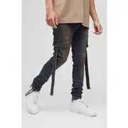 Mens Vintage Wash Super Skinny Stretch Cargo Strap Washed Jeans
