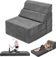 LitaiL Comfy Folding Sofa Bed -Dark Grey Convertible Sleeper Sofa Fold Out Sleeper Chair Couch for Living Room Bedroom Guest, Corduroy Foldable Floor Chair Lounger Mattress with Back Support