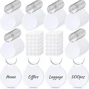 Geyee 500 Pcs 1.25 Inch Writable Tough Plastic Key Tags Sturdy Round White Item Identifiers with Split Ring with 1000 Pcs White Label Stickers
