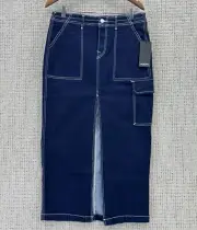 True Religion Maxi Cargo Denim Skirt Size 30 Blue Stretch Slit Front Pockets NWT