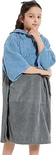 MUTAO Color Blocking Surf Poncho for Kids, Oversize Changing Towel Changing Robe with Hood for Surfing Swimming Water Sports (Blue+Grey)