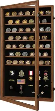 Military Challenge Coin Display Case Lockable Cabinet Rack Shadow Box with Re...