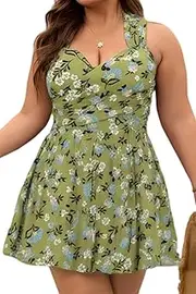 [COCOPEAR] Women's Elegant Crossover One Piece Swimdress Floral Skirted Swimsuit