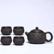 Teapot Full Handmade Carved Dragon Design Xishi Pot Zisha Marked 14 Infuser Hole