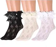 [IYOU] Princess Knee High Socks White Flower Frilly Socks Bows Vintage Mesh Lace Fishnet Stockings for Girls(3 Pairs), White, 2-12 Years