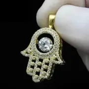 2Ct Round Cut Real Moissanite Hamsa Hand Pendant 14K Yellow Gold Plated Chain