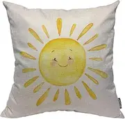Mugod Smiling Sun Decorative Pillow Case Cute Happy Smile Face Sunshine Yellow Color Throw Pillow Cover Home Decor Cotton Linen Square Cushion Cover for Couch Bed Sofa 18X18 Inch