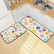 Kitchen Mats for Floor, 2 Piece, Colorful Dots White Funny Cute Washable Non-Slip Kitchen Rugs Set for Home & Office, Sink, Laundry, 19.7” x 27.6” + 19.7” + 47.2”