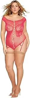 [Dreamgirl] Plus Size Butterfly Garter Teddy Rhinestone 13413X - Watermelon