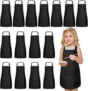 15 PCS Kids Aprons with Pockets Adjustable Chef Painting Aprons Bulk for Girls Boys Aged 6-13 Cooking Baking Crafting, Black, Large
