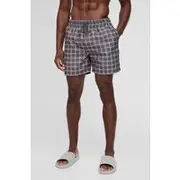 Mens Taupe Mid Length Check Swim Short