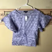 BANANA REPUBLIC Light Purple Semi Sheer Top Circle Pattern Lilac Fringe, Size XS