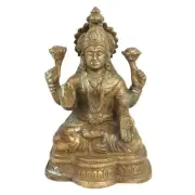 Antique Finish Brass Goddess Laxmi Four Hands Sitting Lotus Base Figurine Statue