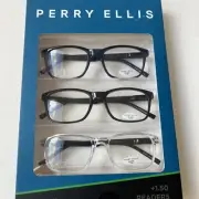 Perry Ellis Premium Reading Glasses for Men 3 Pack +1.50 BLACK, BLUE, CLEAR