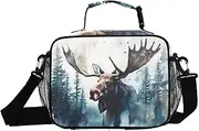 Watercolor Painting Moose Forest Insulated Lunch Box for Women Men - Ideal for Work, Picnics - Includes Adjustable Shoulder Strap