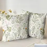 [XPHZZL] Cushion Covers Set of 2 Pack 45 x 45 cm - Soft Short Plush Sage Green Wild Flower Plant Pillow Covers for Sofa Bed Garden Outdoor Spring Decor Flower Plant with Invisible Zipper