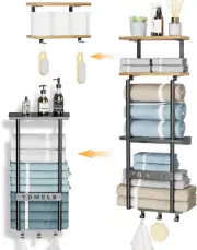 Bath Towel Storage for Small Bathroom with Detachable Wood Shelf, 2 Tier Towel R