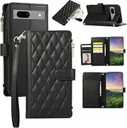 Boyobacase for Googie Pixel 7a 5G Wallet Case,for Googie Pixel 7a 5G Case, PU Leather Wallet Flip Cover Stand Feature[6 Card Slots] [1 Zipper Coin Pocket] with Wrist Strap-Black