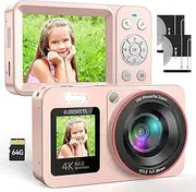 Digital Camera FHD 4K with Dual Screen 64GB SD Card 2 Batteries,18X Zoom,Anti Shake Portable Rechargeable Camera for Boys Girls Kids,Pink