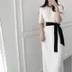 （預購）NABIVA美英法韓復古浪漫服飾品韓國CHIC氣質羅馬女神立體挺型壓褶收腰綁帶圓領領對比色長洋裝