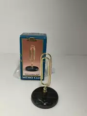 VTG MEMO HOLDER ROUND BLACK MARBLE BASE GOLD PAPERCLIP NOTE 2.5” X 4.5” NOS