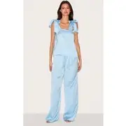 Baby Blue Satin Ribbon Tie Cami Long Pj Set, Baby Blue