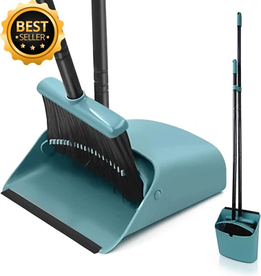 Broom Dustpan Set Long Handle Upright Comb Teeth Indoor Kitchen Office Grey
