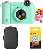 [KODAK] Smile+ 2-in-1 Digital Instant Print Camera & Wireless Bluetooth Photo Printer Starter Bundle + Carrying Case + Zink 20pk Sticky-Back Photo Paper - 10MP, Special-Effect Rotating Lens - Green