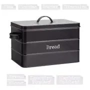 1x Vintage Metal Bread Bin with Labels 15L Black Tin Kitchen Food Container