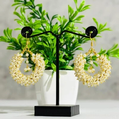 2mm White Pearl Beads Dangle Earrings, Gold Pleted Brass Wire Wrapped