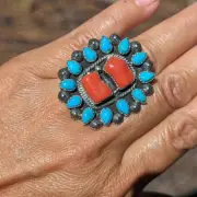 Handcrafted Navajo Turquoise Coral Native American Ring Sterling Silver Sz 7.5**
