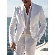 Men's Casual Linen Suits White Daily Lightweight Summer Half Lined Solid Colored Standard Fit 2 Piece Single Breasted Two-buttons