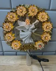 Retro Holiday Time Light Up Gold Tinsel Angel Star Tree Topper 9” In Box T88