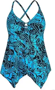 [Firpearl] Women's Black Flowy Swimsuit Crossback Plus Size Tankini Top