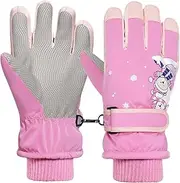 [Rhino Valley] Snow Gloves for Children, Winter Warm Waterproof Ski Mittens with Velcro Fastening, Boy/Girl Bear Snow Gloves for Outdoor Skiing Snowboarding, S, Rosy Pink