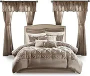 Madison Park Essentials Room in a Bag Faux Silk Comforter Set - Luxe Diamond Tufting All Season Bedding, Matching Curtains, Decorative Pillows, Taupe King(104"x92") 24 Piece