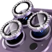 For Apple iPhone 14 Plus /15 Plus Metal Individual Ring Cover Tempered Glass Diamond Camera Lens Protector (Purple)