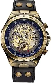 [DAXIAOYU] Luxury Skeleton Steampunk Watch for Men,3D Retro Roman Numeral Dial Sport Vintage Bronze Bezel Watches Leather Mens Automatic Mechanical Wrist Watch