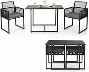Costway 3 Pieces Outdoor Dining Set, Patio PE Rattan Furniture Set w/Folding Backrest, Cozy Seat Cushions, Tempered Glass Tabletop, Space-Saving Rattan Chair Table Set for Backyard, Poolside