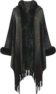 [BAILEYU] Hooded Cape Coat Female Striped Knitted Tassel Shawl Poncho Oversize Faux Fur Warm Cardigan Sweater Cloak,Black,One Size