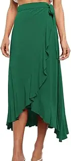 [EMOTTOS] One-Piece Lace-up Long Skirt, Bohemia High Waisted Wrap Midi Skirts for Women, Boho A-Line Irregular Design Ruffle Split Hem Flowy Skirt for Ladies, Black/Green, S-XL