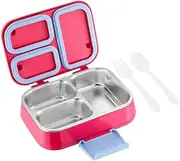 Stainless Steel Leakproof Bento Box Kids, Bento Box Kids Leakproof Double Layer 3 Compartment Container 304 Stainless Steel Lunch Box for School and Office(Red)