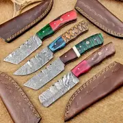 4 Pcs Damascus Blade Skinner Knives Set | 8" | Hard Wood, Leather Sheath IT-893