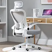 [Fohouse] Ergonomic Office Chair with 3D Headrest - Adjustable Swivel Computer Desk Chair for Home & Study, Lumbar Support Mesh Back, Padded Seat, Tilt Function, Grey